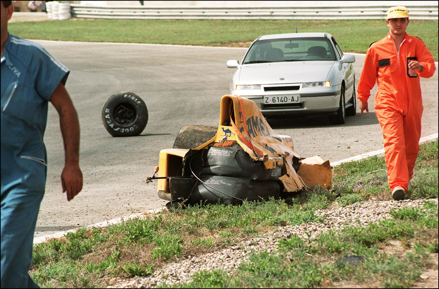 The rear of Martin Donnelly's wrecked Lotus after his crash in qualifying
