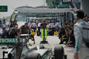 Mercedes prepares to simulate a pit stop