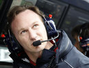 Christian Horner looks to the skies from the Red Bull pit wall