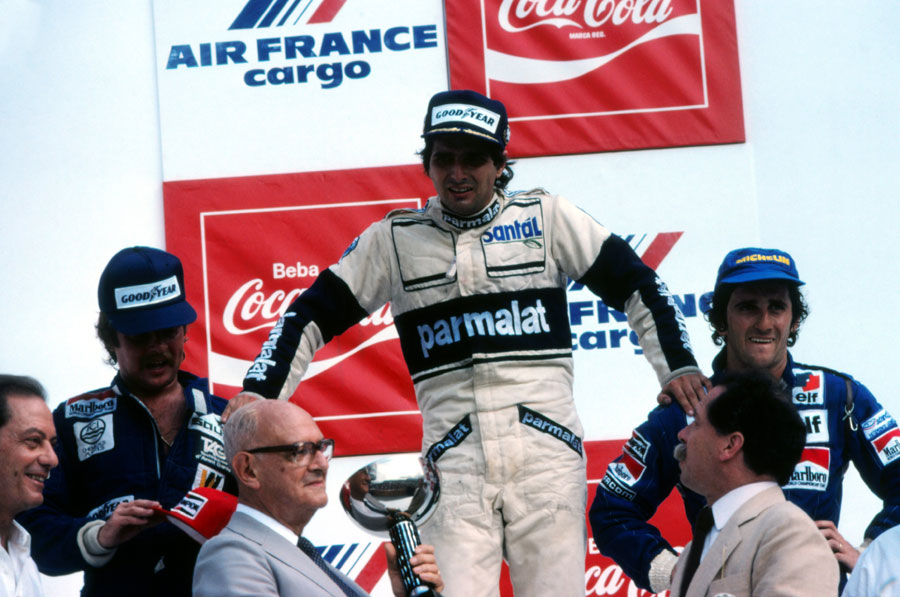 Nelson Piquet on the verge of collapse on the podium