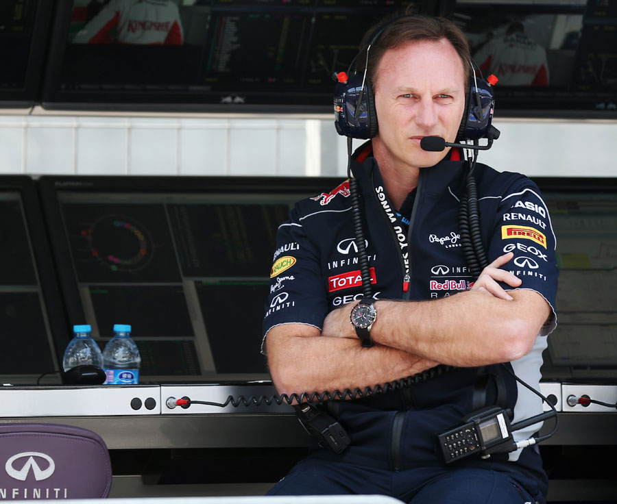 Christian Horner watches Friday practice from the pit wall