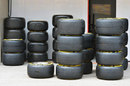 Pirelli tyres stacked in the paddock