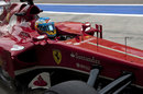 Fernando Alonso returns to the Ferrari pit box