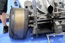 The left rear tyre of Lewis Hamilton's Mercedes after a failure in final practice