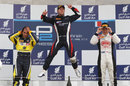 Sam Bird celebrates on the podium with Felipe Nasr and Stefano Coletti