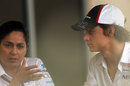 Monisha Kaltenborn chats to Esteban Gutierrez in the paddock