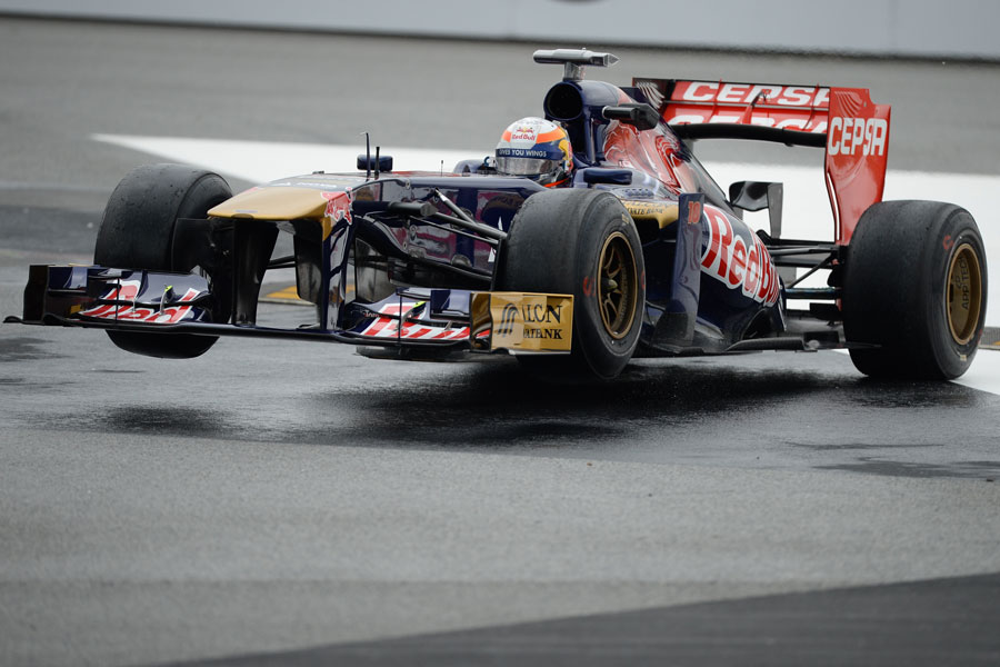 Jean-Eric Vergne launches his car over the speed bumps in the run-off area
