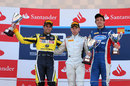 Robin Frijns celebrates on the podium with Felipe Nasr and Jolyon Palmer
