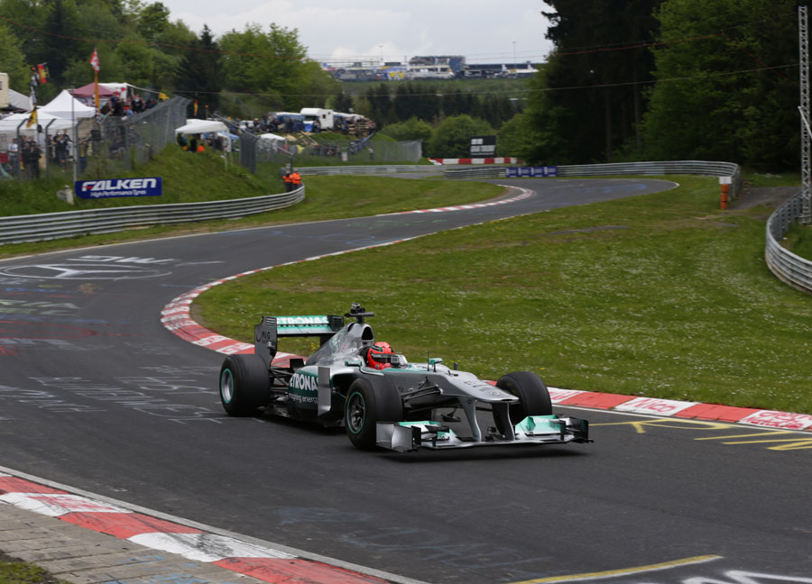 Michael Schumacher tackles the Nurburgring Nordschleife in a Mercedes F1 car