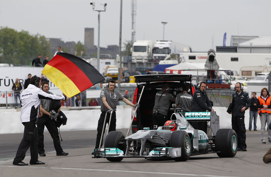 Michael Schumacher starts his demonstration lap of the Nurburgring Nordschleife in a Mercedes F1 car