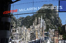 The Monaco skyline is reflected in the McLaren hospitality unit