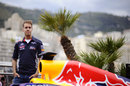 Sebastian Vettel on top of the Red Bull motorhome