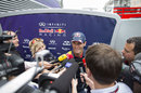 Mark Webber faces the press in the Monaco paddock