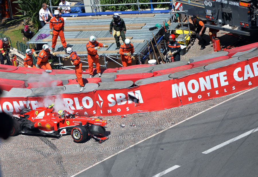 Felipe Massa's wrecked Ferrari after his crash at Ste Devote