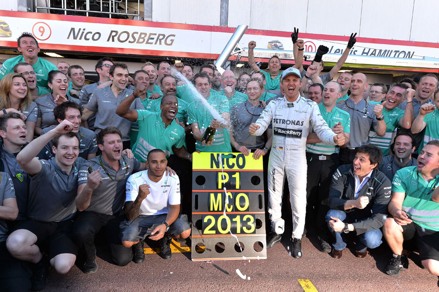 Nico Rosberg celebrates his victory with his Mercedes team
