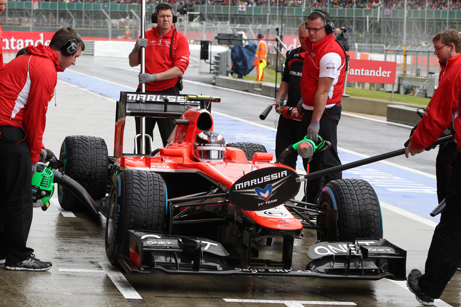 Max Chilton hits his marks for a pit stop on wet tyres
