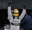Lewis Hamilton celebrates his pole position