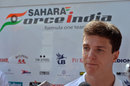 James Calado talks to the media after his first test in an F1 car