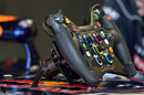 A close-up of the Red Bull steering wheel