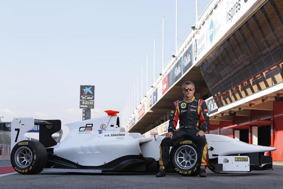 Kimi Raikkonen poses ahead of his day testing a GP3 car