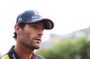 Mark Webber faces questions from the media in the paddock