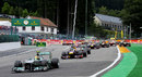 Lewis Hamilton leads the pack out of La Source