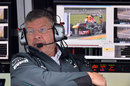 Ross Brawn watches on from the Mercedes pit wall