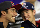 Daniel Ricciardo shares a joke with Sebastian Vettel in the press conference