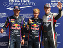 Sebastian Vettel celebrates pole with Mark Webber and Nico Hulkenberg