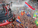 Sebastian Vettel, Fernando Alonso and Mark Webber celebrate on the podium
