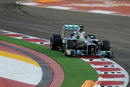 Lewis Hamilton steers his Mercedes into the corner