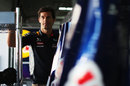 Mark Webber looks relaxed in the Red Bull garage