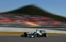 Lewis Hamilton at speed on the medium tyre