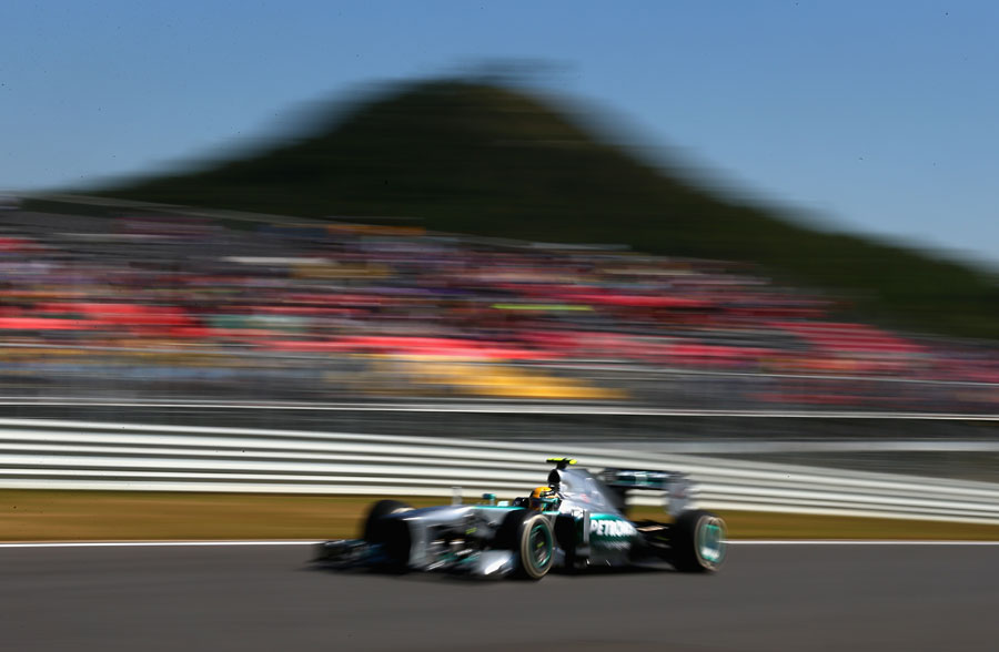 Lewis Hamilton at speed on the medium tyre