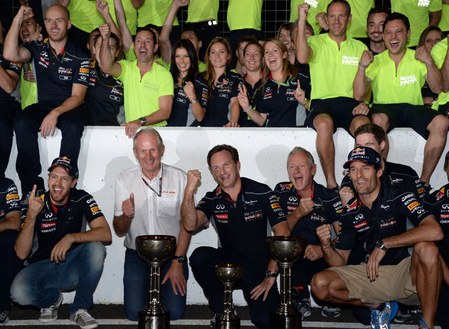 The Red Bull team celebrates its one-two finish