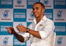 Lewis Hamilton speaks during an even for a Mercedes sponsor