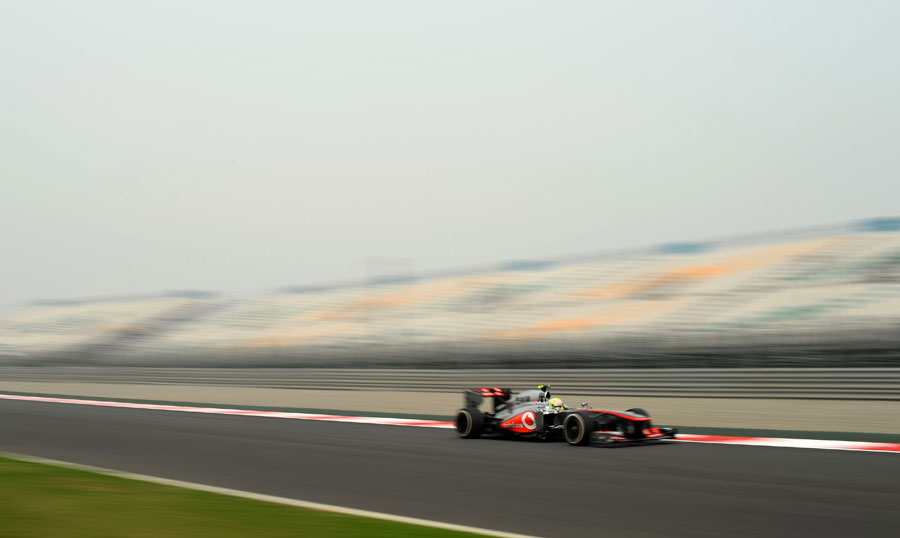 Sergio Perez at speed on the medium tyre