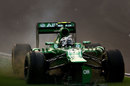 Giedo van der Garde gestures angrily as he crashes out of the race