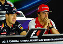 Sebastian Vettel enjoys the driver press conference alongside Fernando Alonso