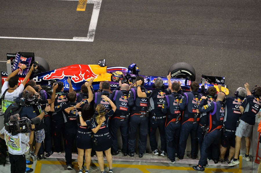 Red Bull celebrate as Sebastian Vettel wins the race