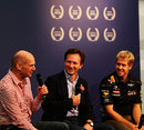 Adrian Newey, Christian Horner and Sebastian Vettel face the press at Red Bull HQ