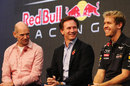 Adrian Newey, Christian Horner and Sebastian Vettel face the press at Red Bull HQ