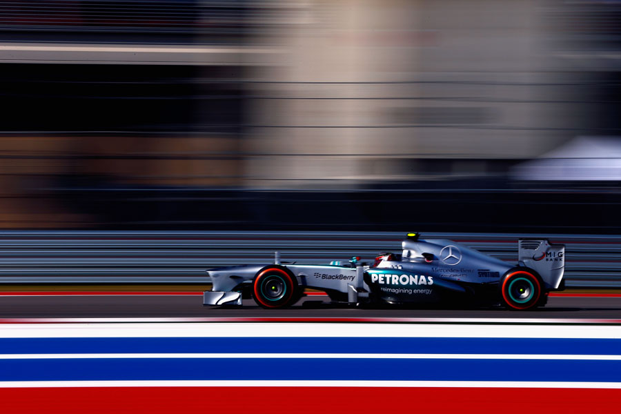 Lewis Hamilton at speed in the Mercedes
