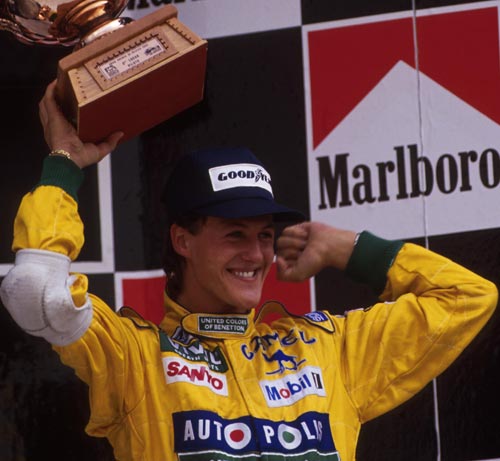 Michael Schumacher celebrates his first podim finish