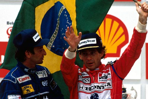 Ayrton Senna celebrates winning the 1991 Brazilian Grand Prix