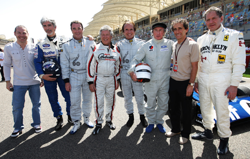 Jacques Villeneuve, Damon Hill, Nigel Mansell, Mario Andretti, Emerson Fittipaldi,   Jackie Stewart, Alain Prost, and Jody Scheckter 