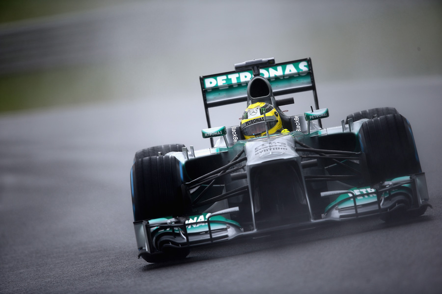 Nico Rosberg battles the drizzle