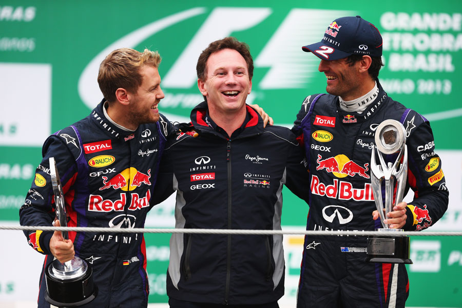 Sebastian Vettel, Christian Horner and Mark Webber celebrate an all-conquering season