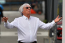 Bernie Ecclestone gestures in the paddock