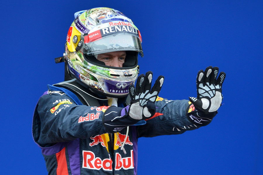 Sebastian Vettel celebrates his ninth consecutive victory